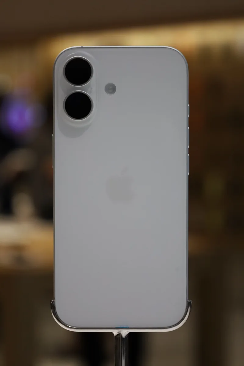 Apple iPhone 17 in white, rear camera module detail